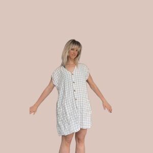 Button-Front Gingham Linen Dress in Light Beige
